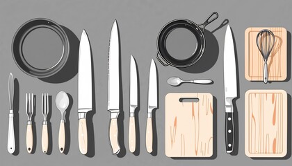 Culinary Essentials: An overhead shot reveals an organized array of cooking implements, each instrument ready for a culinary endeavor. Captured with precision, it's a cook's dream come true.