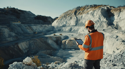 Miner Using Tablet in Quarry