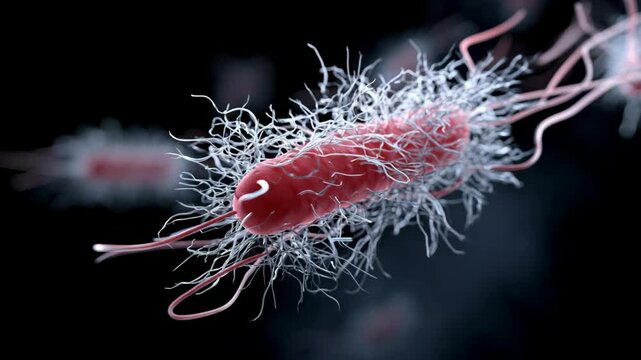Detailed microscopic view of motile bacteria, showcasing its flagella and cellular structure in a 3D scientific visualization.