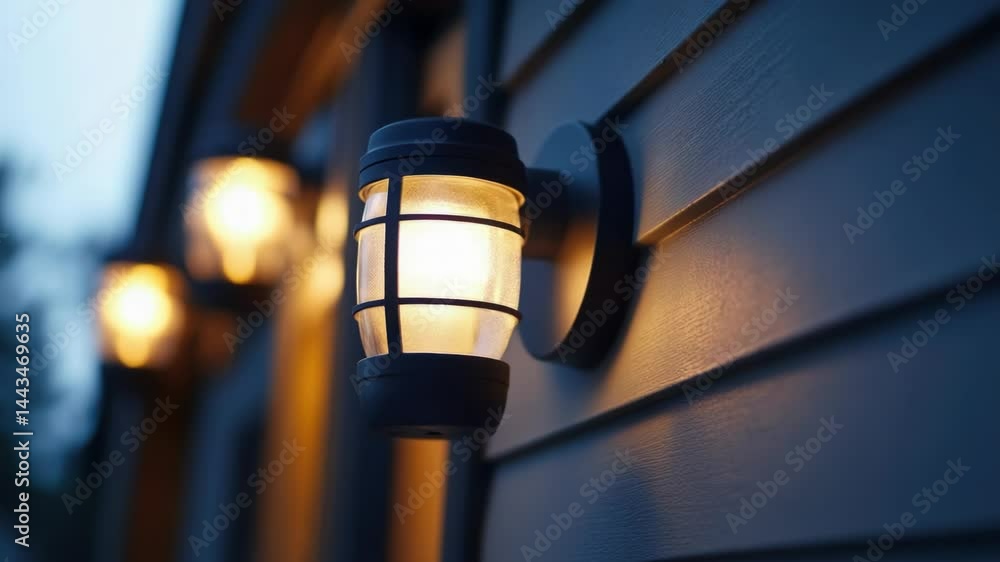 Poster a close-up view of a building's exterior with a single lit window