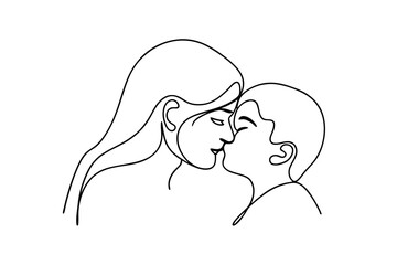 Mother kissing baby continuous line art simple family love vector illustration