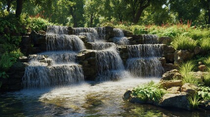 Fototapeta premium Cascading waterfalls in a lush green place, cut out