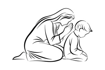 Obraz premium Woman and child praying together in black and white simple line art illustration