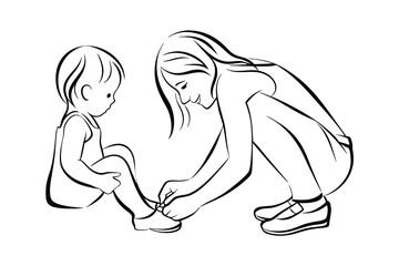 Mother helping child with shoes simple line art illustration vector graphic
