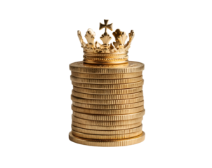 Opulent Still Life, Golden Coin Tower Adorned with a Regal Crown Symbolizing Wealth, Prosperity, and Investment Success in a Timeless Composition