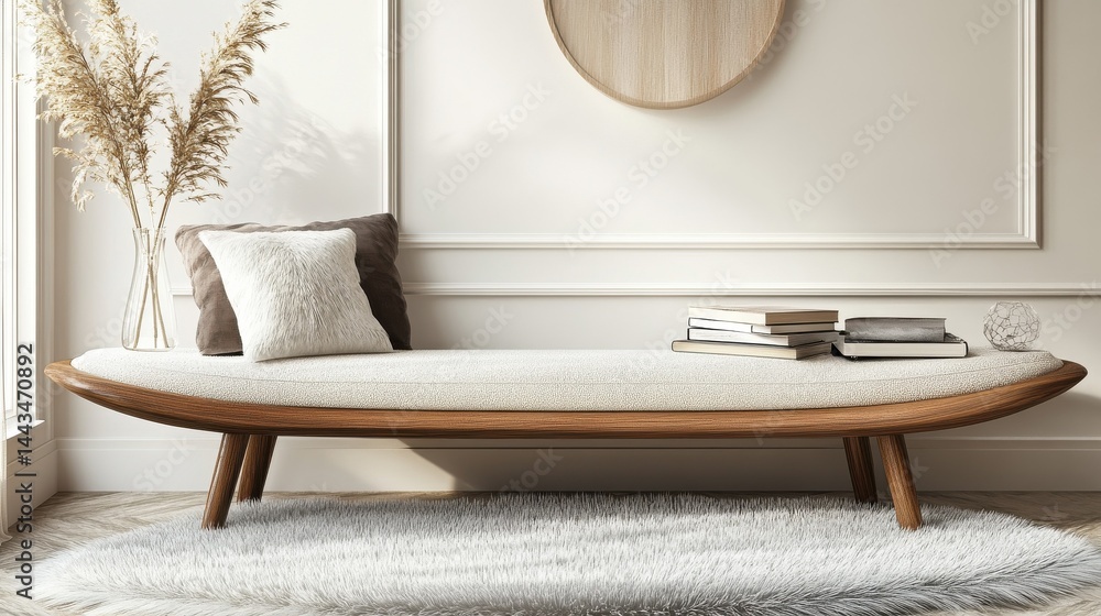 Poster here's a description and keywords for your stock photo.. modern curved bench with storage, fluffy ru
