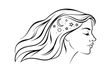 Dreamy woman with moon and stars in hair vector illustration black and white