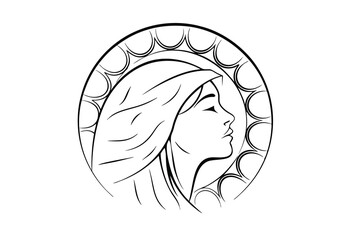 Elegant woman in profile with veil black and white vector illustration