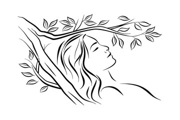 Serene woman under tree branch minimalist line art vector illustration