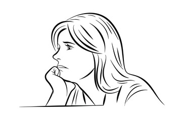 Line art portrait of a pensive woman expressing sadness and loneliness