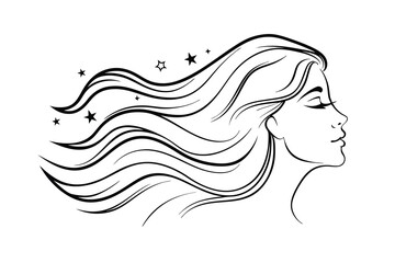 Elegant woman with wavy hair and stars line art vector illustration