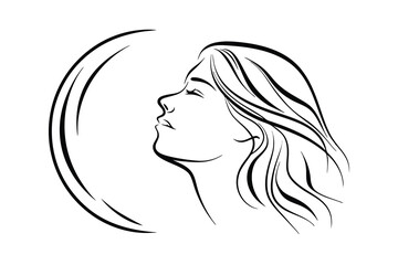 Elegant woman silhouette with crescent moon minimalist black and white line art
