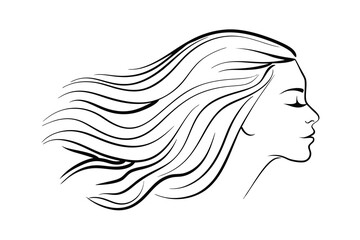 Elegant woman with flowing hair profile view black and white line art