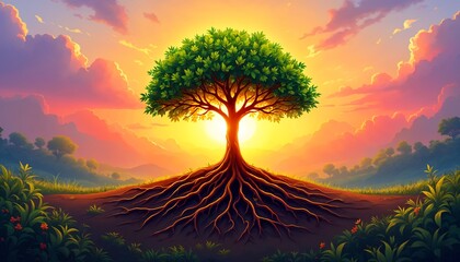 Rooted in Radiance: A vibrant, animated tree stands as a symbol of strength, its expansive roots embracing the earth, while the radiant sun casts a warm, dreamy glow over a vivid landscape.