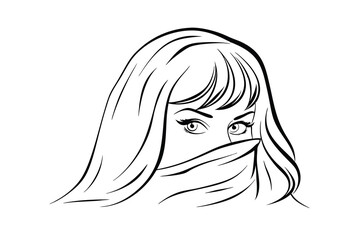 Mysterious woman portrait with covered face black and white outline illustration