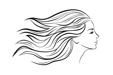 Elegant woman profile silhouette with flowing hair black and white illustration