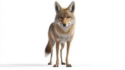 Obraz premium A coyote standing alert with its ears raised, isolated on white background.