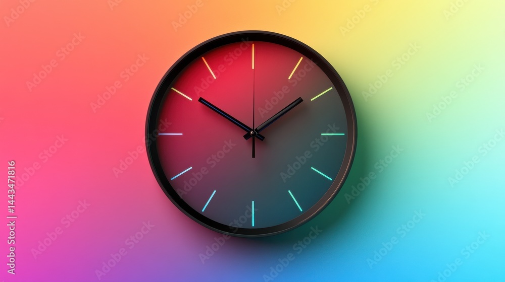 Poster modern clock on a colorful gradient background, symbolizing time management.