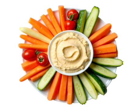 Overhead shot showcasing a colorful and fresh vegetable platter arranged with a creamy dip, capturing the essence of healthy snacking and vibrant presentation