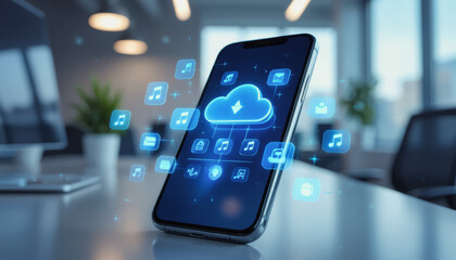 A smartphone displays cloud storage icons and musical notes, suggesting digital music streaming and data management within a modern office setting.
