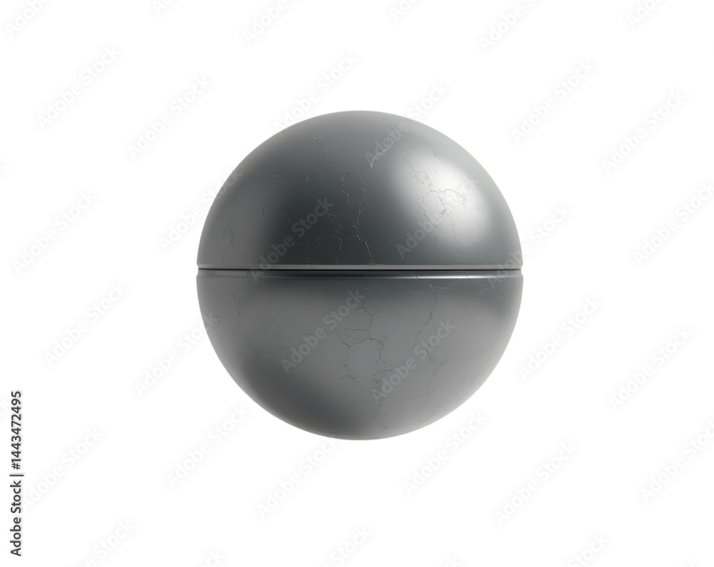 Poster photorealistic rendering of a silver metallic orb with detailed surface imperfections and a distinct