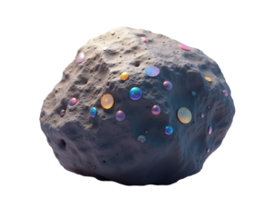 Photorealistic Rendering of a Detailed Asteroid Rock Surface Showing Blemishes and Embedded Colorful, Shiny Minerals in a Rough Texture