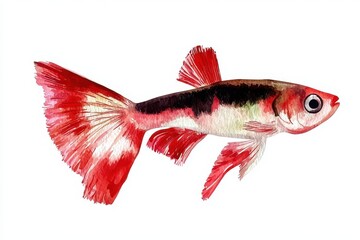 Colorful Guppy Fish Illustration with Vibrant Red and Black Fins
