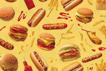 burgers, hotdogs and fries with ketchup and mustard . kitchen backsplash concept idea . aspect ratio 3:2