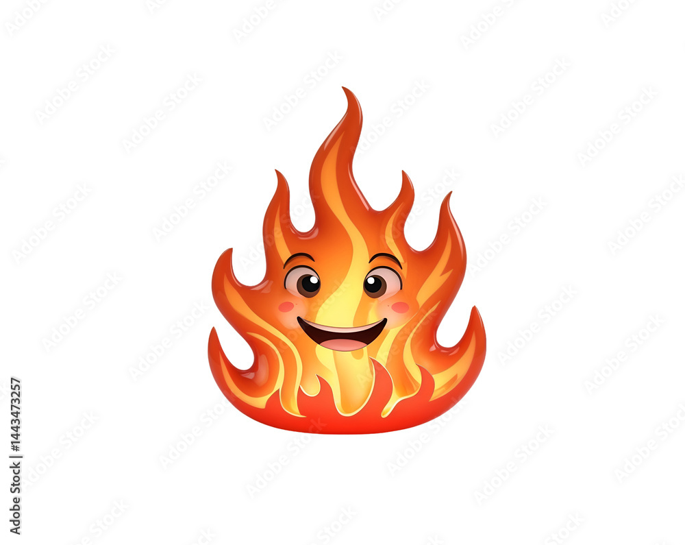 Poster playful animated flame character, a cheerful ember with a happy face radiating positivity and warmth
