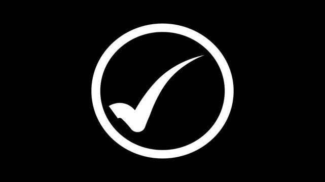 Flat Style Tick Mark Animation, White Check Mark Symbol on Black Background