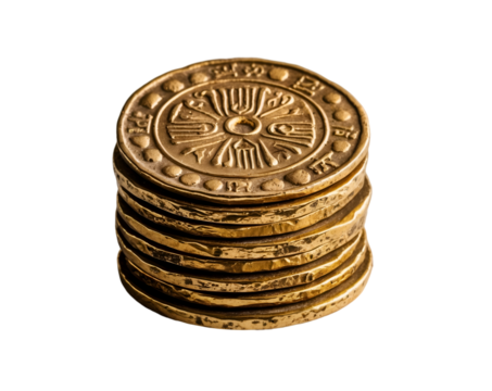 Pile of weathered gold coins with intricate symbols, evocative of ancient civilizations and forgotten riches, illuminated against a stark background, showcasing historical value