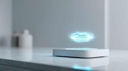 Holographic Display on Smart Device: Futuristic holographic projection of a simple icon floats above a sleek white smart device.
