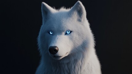 Naklejka premium Majestic white wolf with striking blue eyes against a dark background