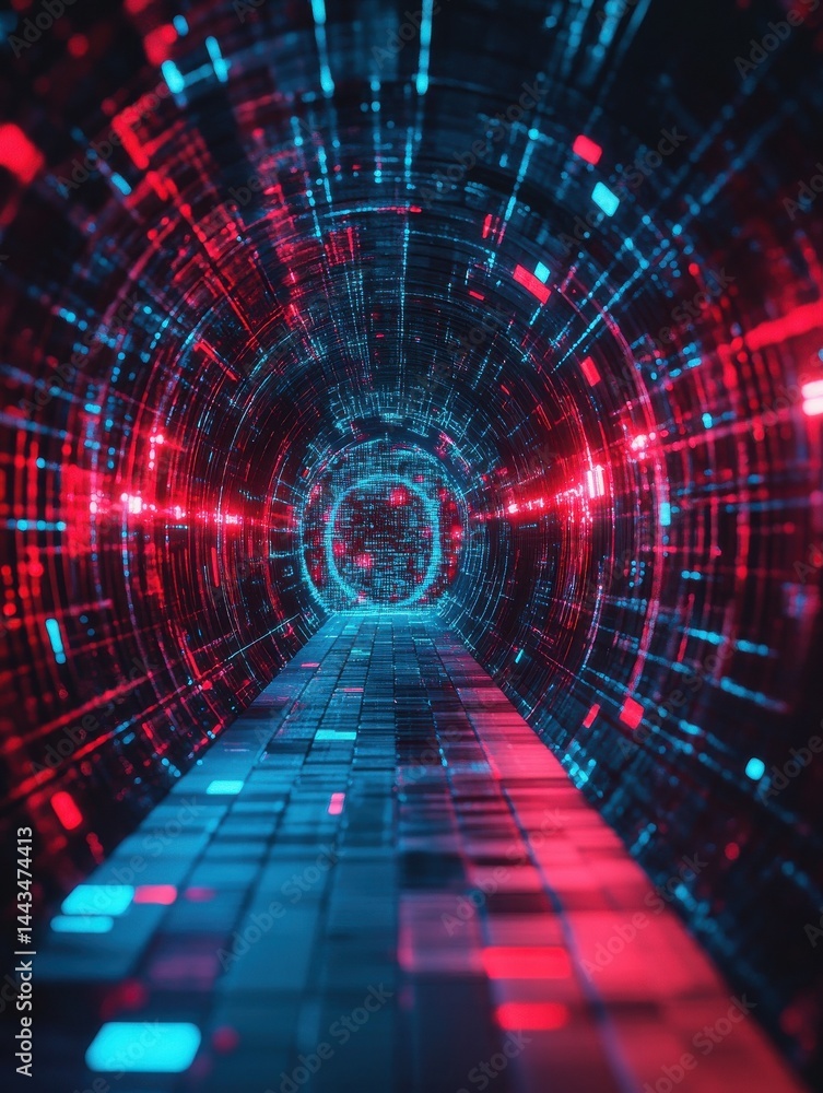 Poster an abstract representation of a ransomware attack, featuring a digital tunnel with red and blue ligh