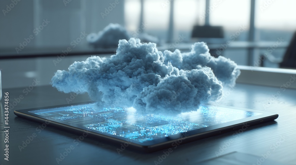 Poster digital clouds: a mesmerizing depiction of the digital cloud computing on a tablet in a modern offic