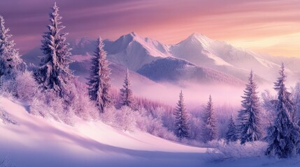 Obraz premium The peaceful elegance of a winter mountain, bathed in the soft glow of sunrise.