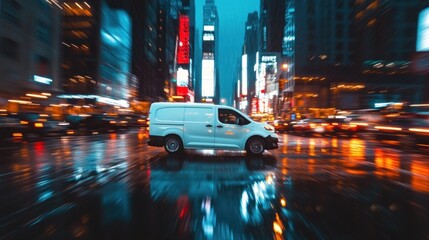 Obraz premium White Van Speeding Through a Rain-Soaked City at Night