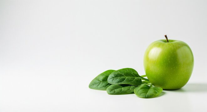Fresh green apple with spinach leaves on a white background  