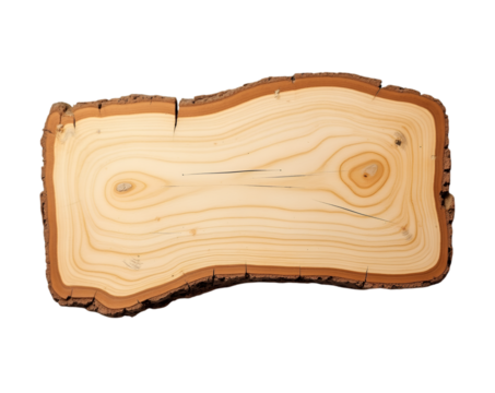 Rectangular Rustic Wood Slice Sign Showing Natural Tree Rings and Bark Texture Isolated, Ideal for Natural Product Presentation or Sustainable Material Concepts