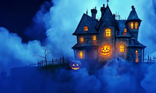 Spooky haunted house with glowing pumpkins in a foggy night. Perfect for Halloween themed projects.halloween background