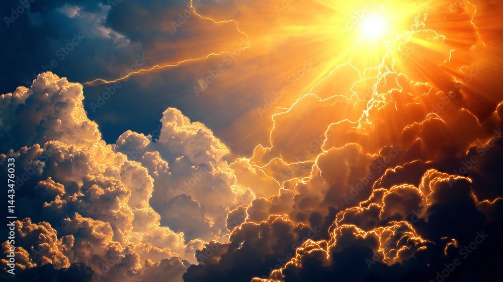 Poster brilliant sun radiating through fluffy clouds creating a stunning visual of light and shadow in the 