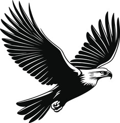 A black vector illustration shows an eagle in powerful flight, its wings spread wide in a wild, natural silhouette