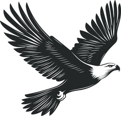 Black silhouette of an eagle in flight with wings spread, vector illustration of a flying bird, nature and wildlife design