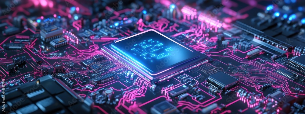 Aufkleber close-up of a futuristic microchip, glowing neon circuitry, high-tech digital technology, computer h