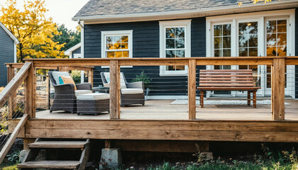 Cozy outdoor seating on a wooden deck in a peaceful backyard during autumn with vibrant yellow trees