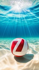 A water polo ball is floating in a pool of water. The ball is orange and white. The water is blue.