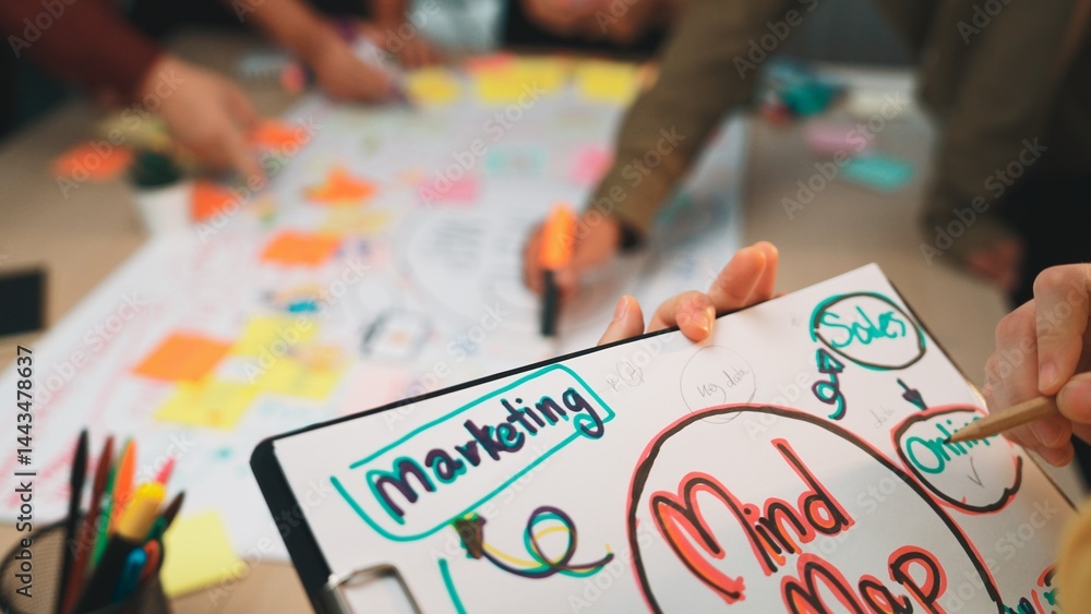 Poster a diverse team engages in a creative brainstorming session, utilizing colorful notes and mind maps t