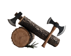 Rustic Still Life, Twin Axes and Timber Logs Depicting Lumberjack Tools and Woodland Resources for Rustic Decor and Wilderness Themes with a touch of Forestry