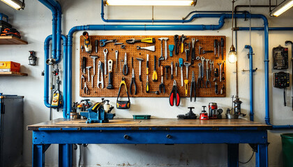 Craftsmanship space features a well-organized tool wall with various hand tools at a workshop during daytime