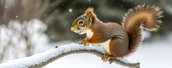 Obraz premium A red squirrel sits on a snow covered tree branch